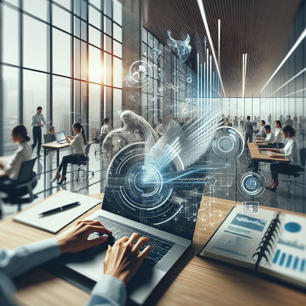 Create an image in modern architectural photography style, with a sharp focus, and a premium, neutral color palette of blues, greys, and warm wood tones. The image should symbolize the best AI Virtual Receptionist and the top 5 lead tools. The central elements should be a detailed close-up or medium shot of hands efficiently working on a sleek laptop, or a clean, well-organized desk, or a digital tablet displaying an abstract, blurred graph, or a team of diverse individuals collaborating in a contemporary glass office. The overall vibe should convey clarity, speed, progress, and frictionless automation. Avoid any text overlays, floating holograms, or abstract brain wires, to keep image deeply rooted in reality.