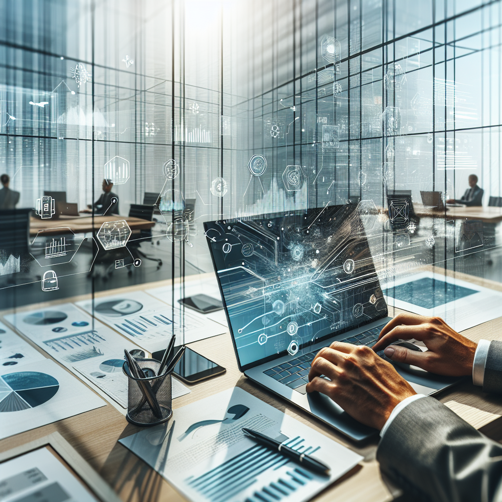 Create an image that encapsulates the concept of business automation with modern architectural photography style. The scene should be a clean, minimalist, and professional close-up or medium shot that symbolizes efficiency and workflow. Some examples could be a pair of hands of a South Asian woman working meticulously on a sleek laptop, or the surface of an organized desk in a modern glass office with a Middle-Eastern man using a digital tablet displaying an abstract but clean data graph. The palette should be neutral and premium, incorporating hues of blues, greys, and warm wood tones. The image should be devoid of any text overlays, floating holograms, and abstract 'brain' wires. It should feel real and concrete, a tangible representation of progress, speed, and frictionless automation.