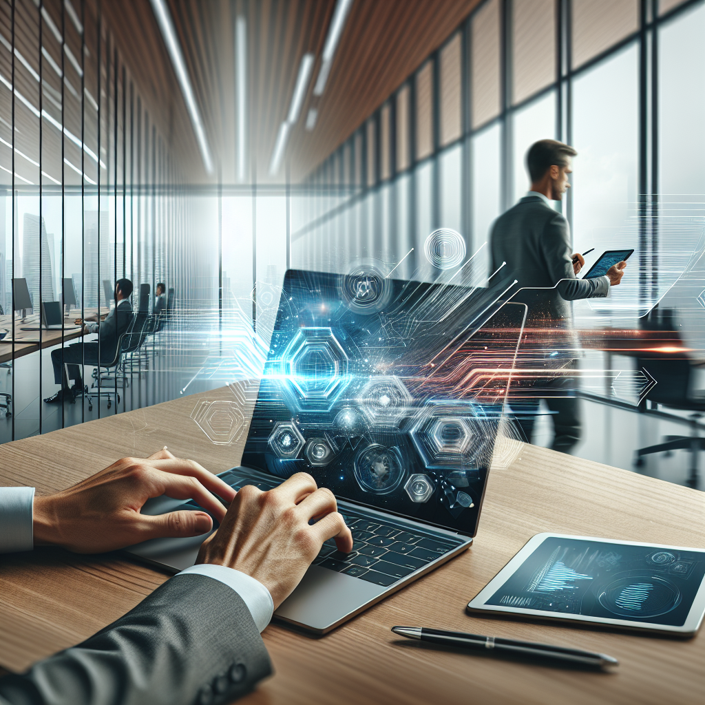 Create a detailed image that epitomizes efficiency and workflow in a modern business setting. Visualize a pair of hands typing on a sleek laptop atop a clean, organized desk in a glass-walled office. Nearby, another professional reviews a digital tablet that displays an abstract, blurred graph, illustrating streamlined data analysis. The environment mirrors modern architectural photography, with a sharp focus. Ensure to use a neutral and premium color palette with blues, greys, and warm wood tones, promoting a vibe of clarity, speed, progress, and frictionless automation. However, make sure not to include any text overlays, floating holograms, or abstract 'brain' wires in the image.