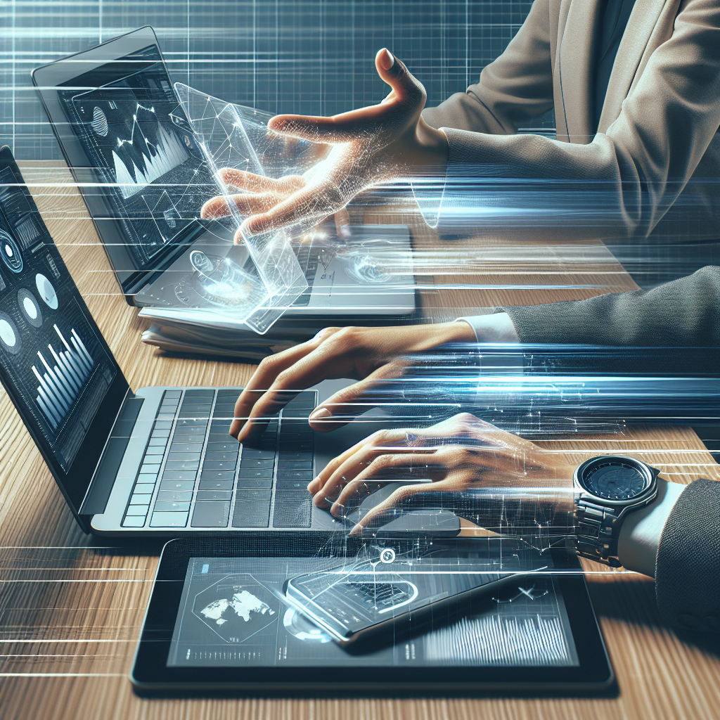 An image emulating the style of modern architectural photography, illustrating the concept of 'Measuring ROI Of AI For Business'. Capture a close-up or medium shot of a clean, organized desk with a sleek laptop and digital tablet displaying an abstract data graph. Show around the lower half of a South Asian male and a Middle Eastern female's body, with their hands swiftly and efficiently working on the devices. Include subtle shades of blues, greys, and warm wood tones to evoke a neutral and premium feel. The scene should reflect clarity, speed, progress and frictionless automation, categorically avoiding any text overlays, floating holograms, or abstract 'brain' wires.